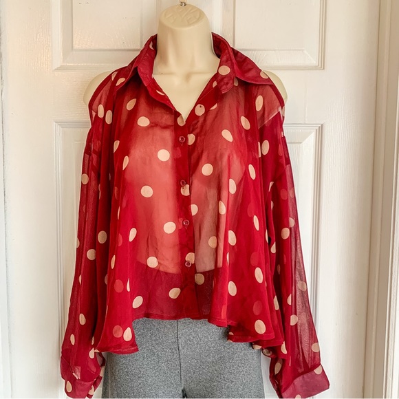 UNIF Burgundy Polka Dot Sheer Top - Picture 2 of 9